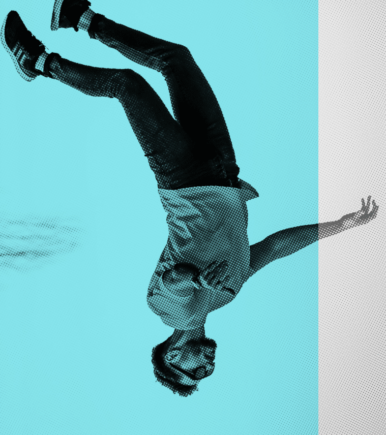 A stylized, dot-pattern image of a person wearing glasses, a T-shirt, jeans, and sneakers, performing an acrobatic flip against a blue background. The figure is inverted, giving the impression of an upside-down orientation.