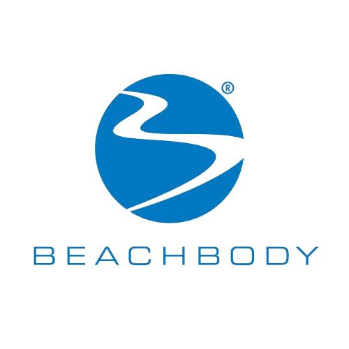 The image displays the Beachbody logo, featuring a stylized, abstract blue design that resembles a road or path winding through a circular shape. Demonstrating strong visual identity, the word "BEACHBODY" is written in capital letters in blue font below the logo.