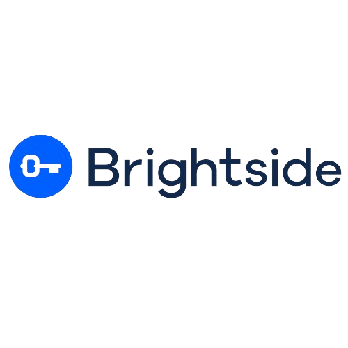The image shows the Brightside logo, one of their customer logos. It features a blue circle with a white key inside it, followed by the word "Brightside" in dark blue text. The design is simple and modern.