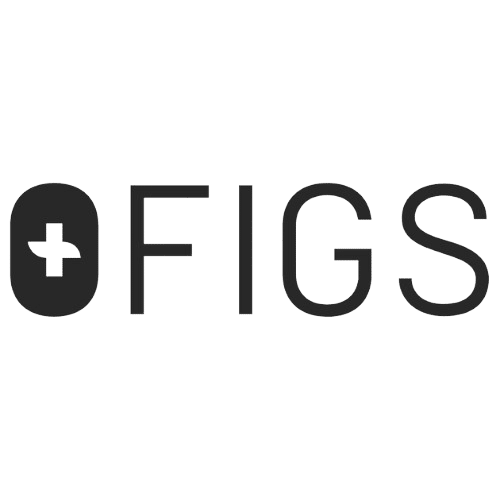 FIGS logo featuring the word 'FIGS' in bold, uppercase letters, where the letter 'I' is ingeniously integrated with a medical cross symbol, reflecting a sense of home and care.