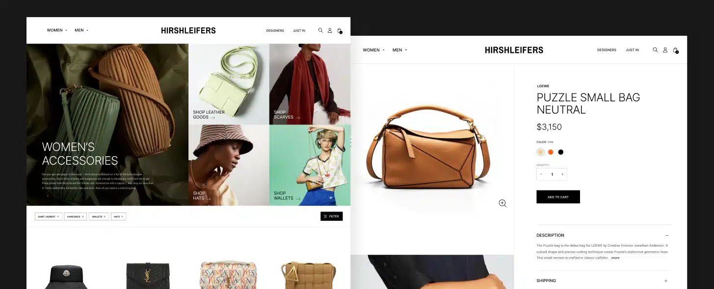 A screenshot displays an online store named "Hirshleifers" featuring women's accessories. The left side shows various items, including bags and hats, with a grid of product images. Highlighting good commerce practices, the right side showcases a brown "Puzzle Small Bag Neutral" priced at $3,150.