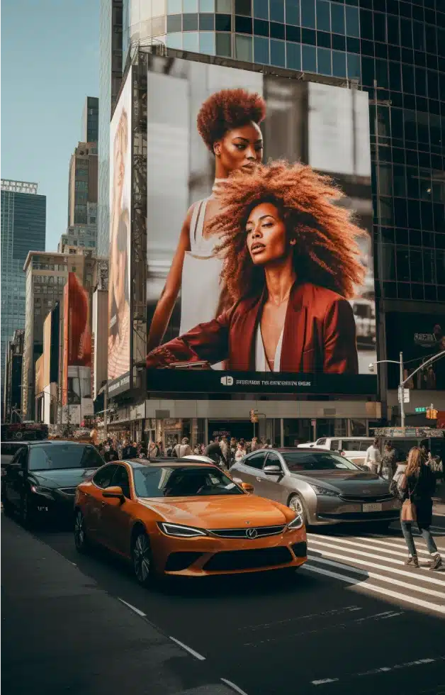 A bustling city street with cars and pedestrians. Dominating the scene is a large digital billboard displaying two women with natural hair, one wearing a red outfit and the other in white—a prime example of modern marketing practices. Tall buildings and more billboards surround the area.