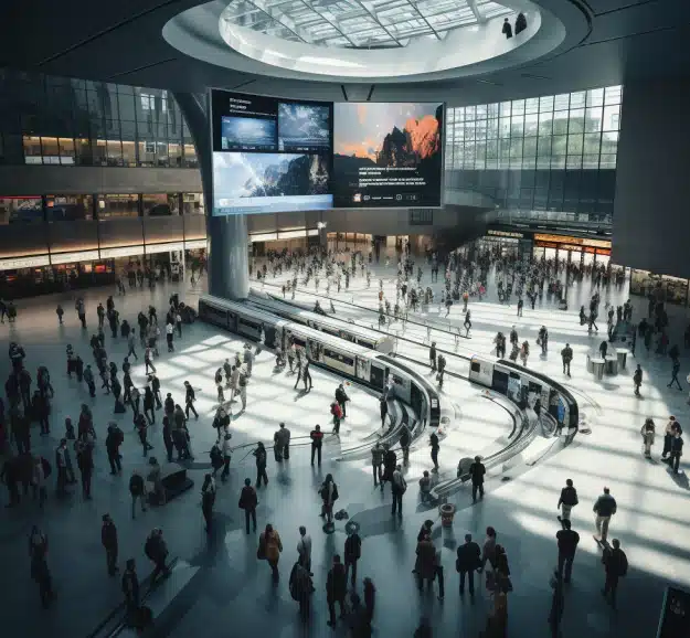 A bustling transportation hub with a large dome ceiling and a skylight illuminates the busy scene below. People move through the space, some using curved escalators and others walking. The experience is enhanced by multiple large digital screens displaying various advertisements and information.