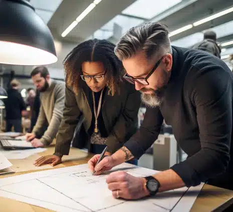 Two people collaborate on a design project in a modern, well-lit workspace. Drawing on a large sheet of paper, one with glasses and a beard demonstrates his experience, while the other, with curly hair, watches intently. Others practice their craft in the background at different desks.