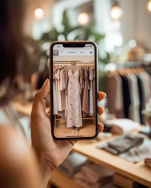 A person holds a smartphone showcasing a shopping app with a long floral dress on display. In the background, similar dresses and clothing are visible hanging on racks in what appears to be a boutique or clothing store, highlighting modern commerce practices.
