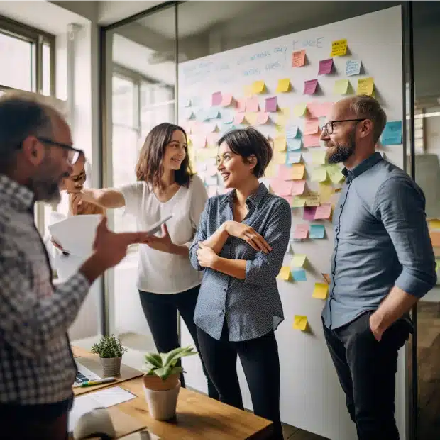 A group of coworkers stand in a brightly lit office, engaging in a lively discussion about sales practices. Behind them, a wall is covered with colorful sticky notes and diagrams. One person gestures towards the notes while the others listen and smile. A small plant sits on the desk.