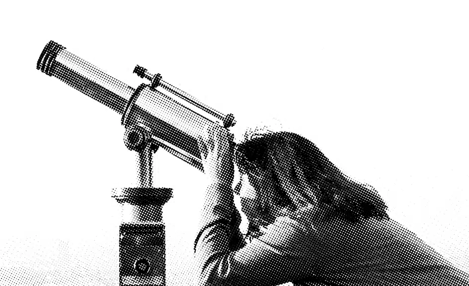 A person with long hair looks through a telescope pointed upwards, indicating an interest in observing the sky. The image, with its dotted halftone effect and vintage comic book-style appearance, subtly suggests a leadership approach to exploring new horizons.