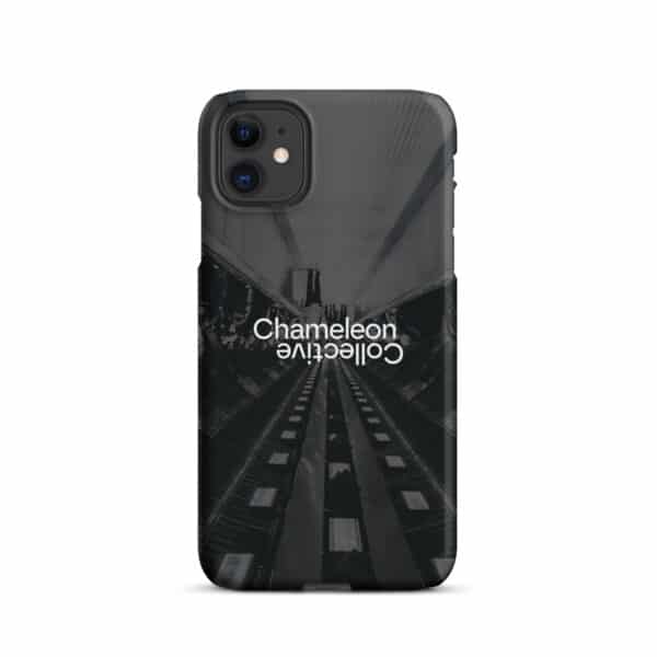 A sleek Snap case for iPhone® with a black and white design featuring an urban cityscape view of tall buildings and a reflective surface. The words "Chameleon Collective" are displayed prominently in the center, making this Snap case for iPhone® a standout accessory.
