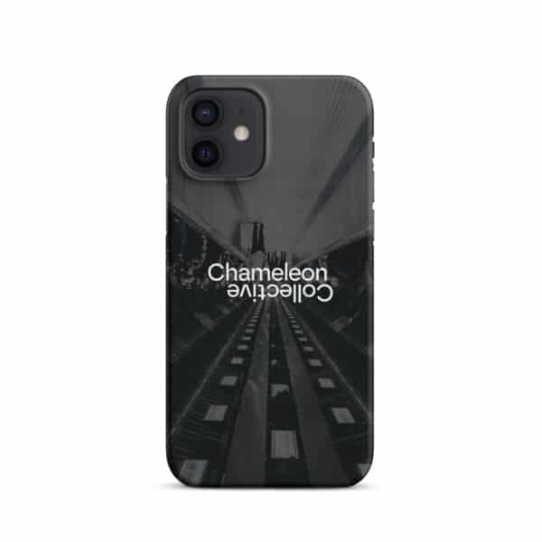 A Snap case for iPhone® featuring a dark, futuristic tunnel design with the words "Chameleon Collective" printed upside down. This snap case covers the back and edges of your iPhone, with precise cutouts for the camera and other features.