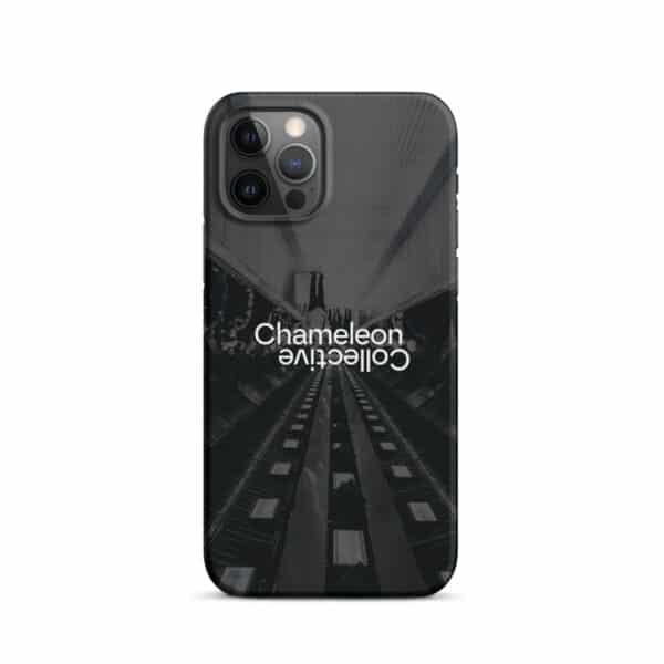 A sleek Snap case for iPhone® featuring a black phone cover with a design of an urban escalator scene, depicted with a mirror effect. The words "Chameleon Collective" are prominently displayed in bold, white text at the center of this stylish iPhone accessory.