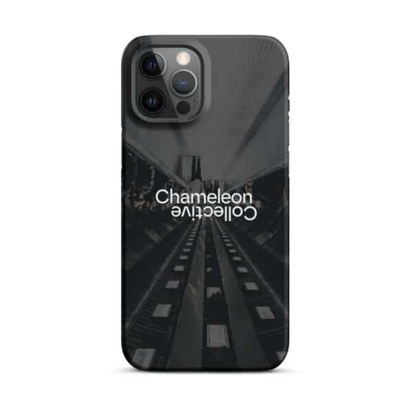 A sleek Snap case for iPhone® featuring an image of an underground escalator tunnel in shades of black and gray. The words "Chameleon Collective" are written in white text, appearing upside down, making it a standout iPhone accessory.