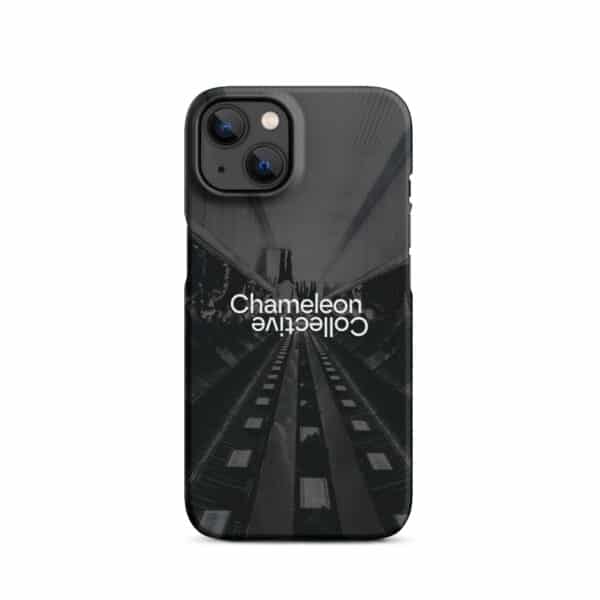 A snap case for iPhone® featuring an image of an escalator in an urban setting. The words "Chameleon Collective" are printed in white, upside down, near the center. This snap case for iPhone® has precise camera cutouts that fit a dual-lens iPhone model.