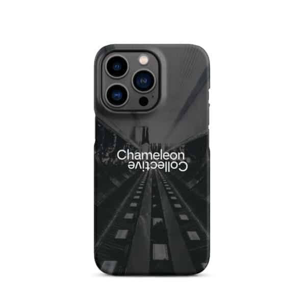 A dark-themed Snap case for iPhone® featuring an image of an escalator interior. The word "Chameleon" is written in a reflective style, appearing twice, upright and upside down, in the center of this sleek iPhone accessory. This snap case is designed for both protection and style.