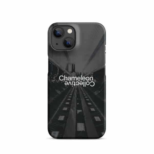 A Snap case for iPhone® featuring a cryptic, dark-toned image of an escalator with the word "Chameleon Collective" written upside down in the center. This unique phone accessory fits a smartphone with dual rear cameras perfectly.
