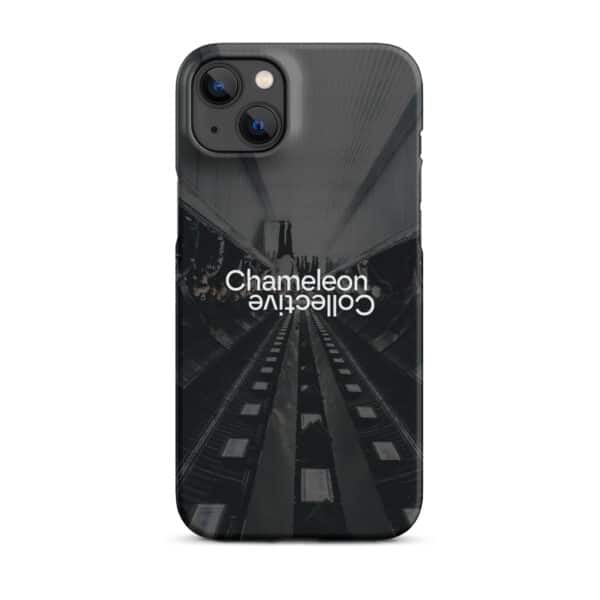 A sleek Snap case for iPhone® featuring a black-and-white photo of an underground escalator on the back. The words "Chameleon Collective" are printed in white bold font, slightly above the center and oriented upside down, making this snap case a unique and stylish iPhone accessory.