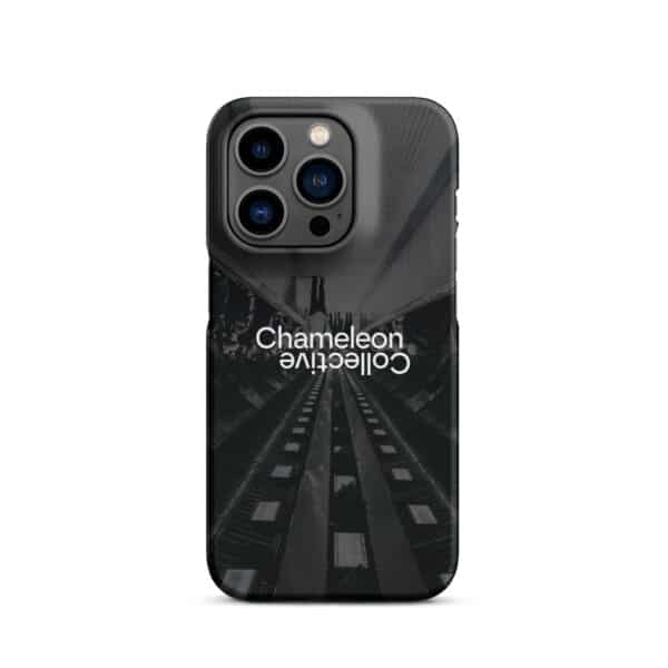 A Snap case for iPhone® featuring the design of an escalator in a dark, reflective setting. The case displays the words "Chameleon Collective" twice in white, mirrored text across the middle. This iPhone accessory also highlights the phone's triple-camera setup perfectly.