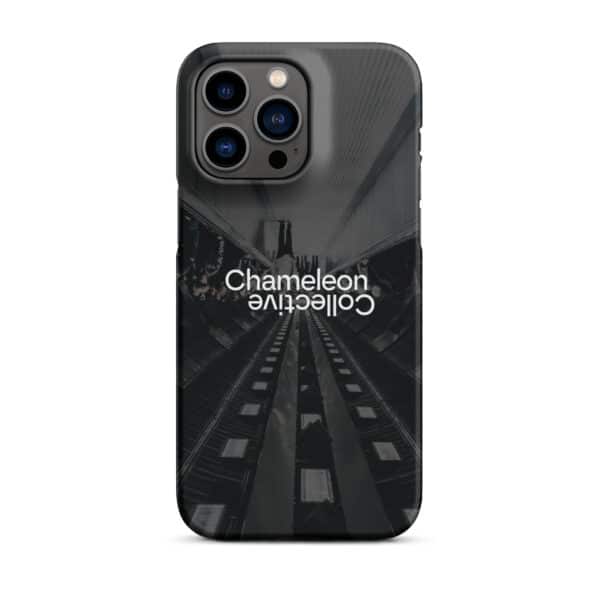 A Snap case for iPhone® featuring a black and white photo of an escalator, viewed from the bottom. The word "Chameleon" is written twice in the center, with one instance inverted. This iPhone accessory is designed to fit models with three camera lenses.