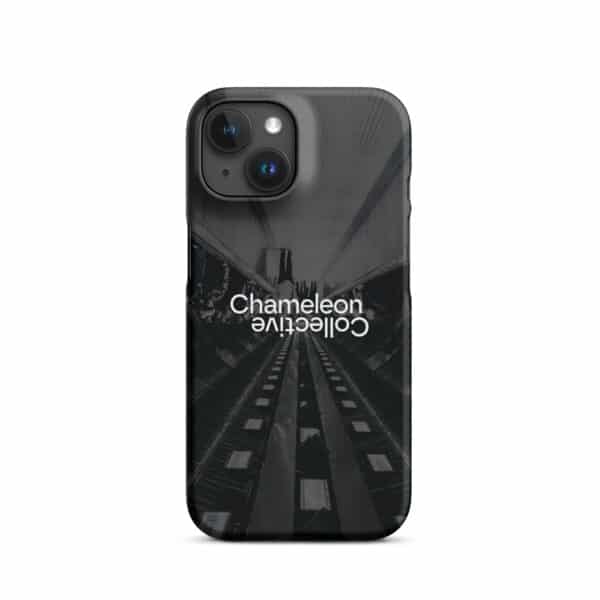 A smartphone with a black snap case displaying the text "Chameleon Collective" is placed against a white background. The Snap case for iPhone® features a dark, abstract design reminiscent of a tunnel or pathway, with a reflective effect.