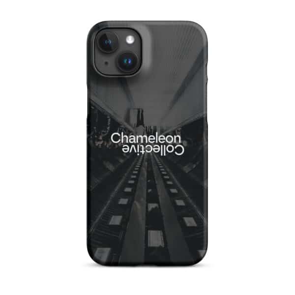 A striking Snap case for iPhone® features a design of an escalator with a mirror image effect. The words "Chameleon Collective" are printed in white, both right-side-up and upside-down, adding a visually intriguing element to this unique iPhone accessory.