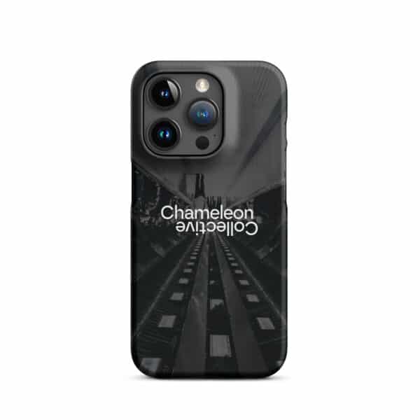 Image of a smartphone with a Snap case for iPhone® that features a dark, mirrored image of an escalator in the center. The iPhone accessory has the words "Chameleon Collective" printed in white text, flipped upside down on the back.