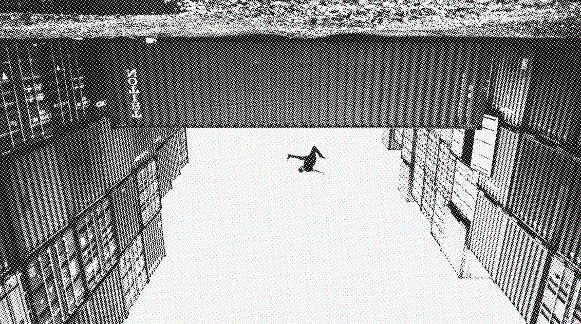 Black and white image of a person breakdancing on one hand, surrounded by tall buildings on either side and a covered walkway above, creating an illusion of an upside-down cityscape that feels almost like home.