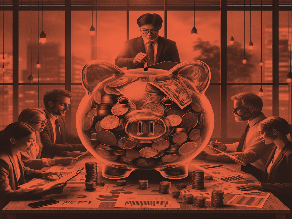 A group of five people sit at a conference table filled with financial documents, coins, and stacks of cash, with a giant transparent piggy bank full of money in the center. A person stands behind the piggy bank, adding more cash to it as they discuss technical assessments. The scene is tinted red.